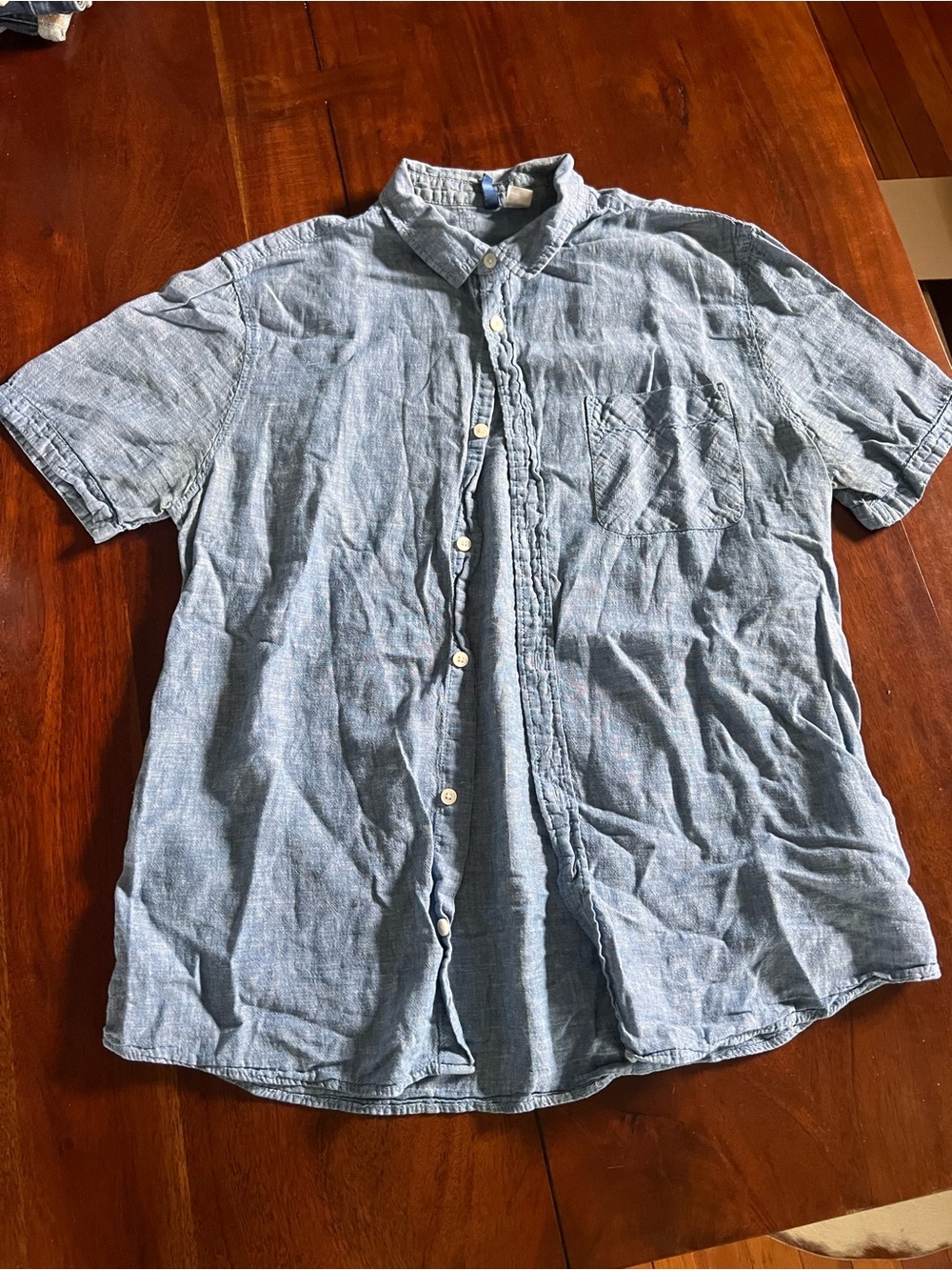 Men’s Blue Button Down Short Sleeve | Blue Linen Cotton Blend | Large